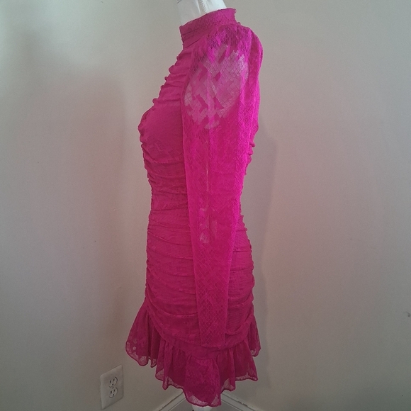 Saylor Fuchsia Pink Marcey Lace Ruched Mini Dress Small NWT - Picture 5 of 11